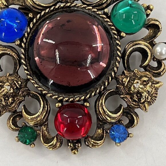 Gold Tone Lion Face Multicolor Cabochon Rhinestone Cluster Brooch Pin - Picture 4 of 8